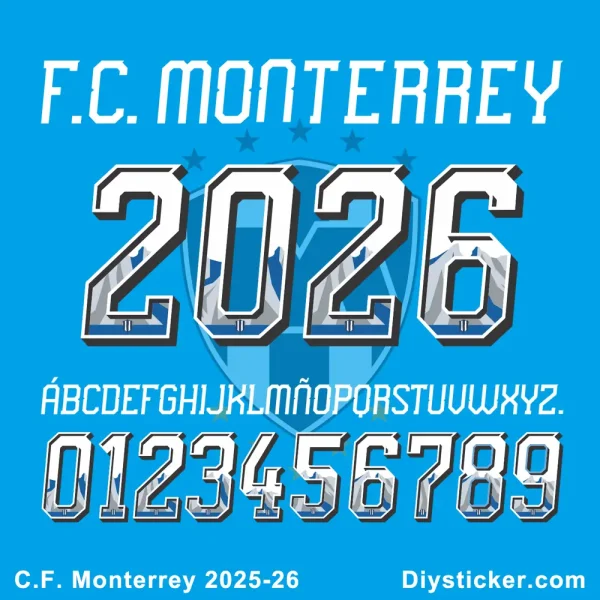 Official Rayados Monterrey 2025-26 typeface showing full alphabet, numbers, and "C.F. Monterrey 2025-26" text for download.