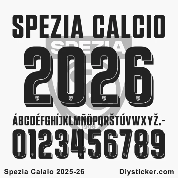 Official Spezia Calcio 2025-26 font with complete alphabet, numbers, and club branding for custom designs
