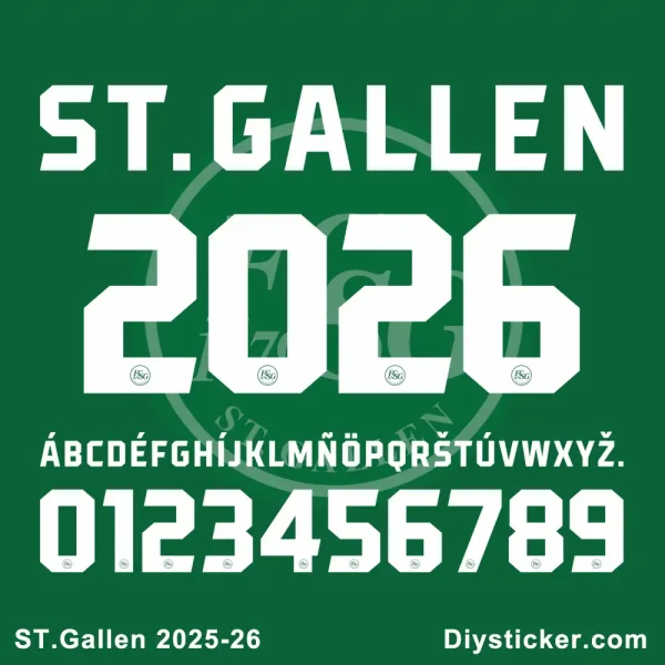 Official St. Gallen 2025-26 font showing full alphabet, numbers, and "ST.Gallen 2025-26" sample text.