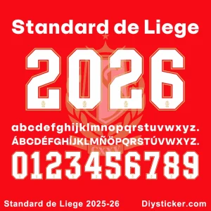 Official Standard de Liege 2025-26 font with full uppercase and lowercase alphabet, numbers, and club branding