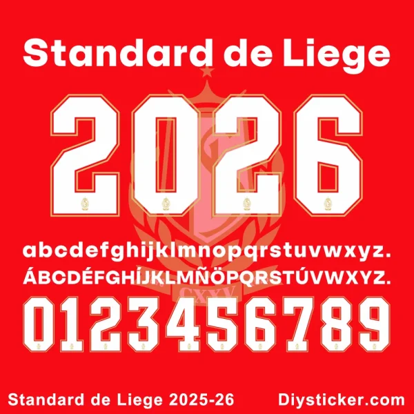 Official Standard de Liege 2025-26 font with full uppercase and lowercase alphabet, numbers, and club branding