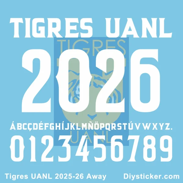 Official Tigres UANL 2025-26 Away and Third kit font with full alphabet, numbers, and sample text for custom jersey printing.