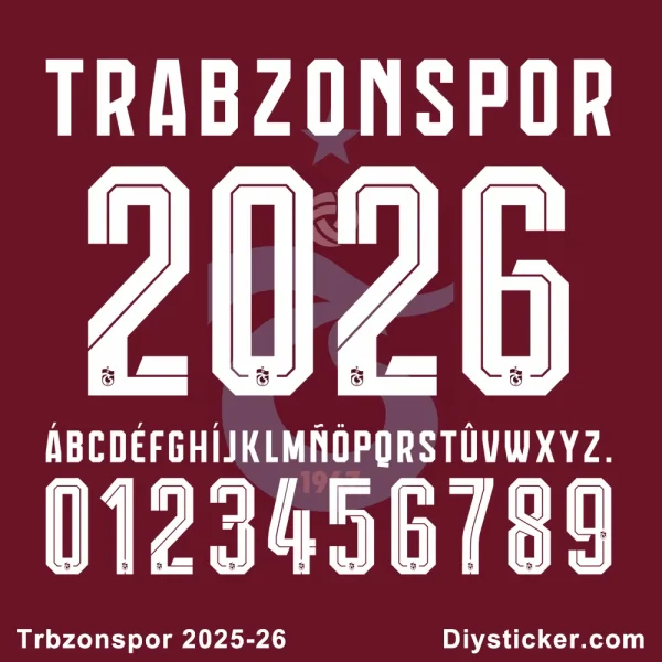 Official Trabzonspor 2025-26 font with full alphabet, numbers, and club branding for custom designs