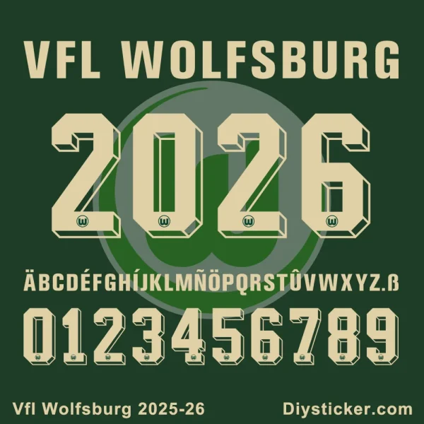 Official VfL Wolfsburg 2025-26 font with full alphabet, numbers, and club branding for custom jersey designs