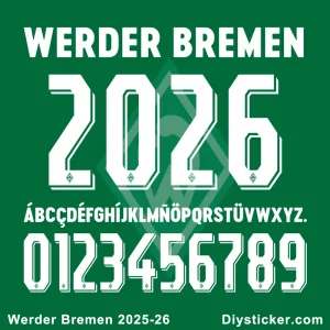 Official Werder Bremen 2025/26 jersey font, showcasing numbers, letters, and the club logo watermark on a green background.