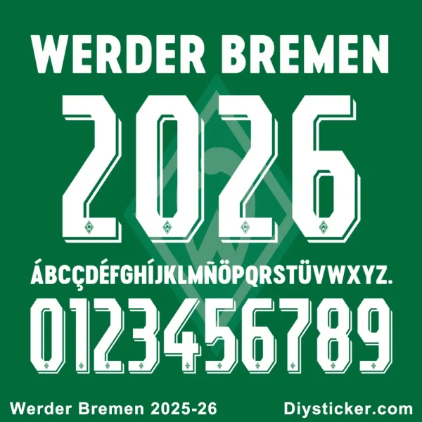 Official Werder Bremen 2025/26 jersey font, showcasing numbers, letters, and the club logo watermark on a green background.