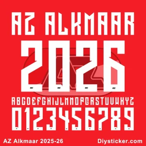 AZ Alkmaar 2025-26 official style football jersey font showing numbers 0-9 and all capital letters.