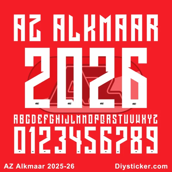 AZ Alkmaar 2025-26 official style football jersey font showing numbers 0-9 and all capital letters.