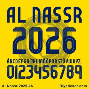 Official Al Nassr 2025-2026 typeface preview showing uppercase letters, numbers, and full team name.