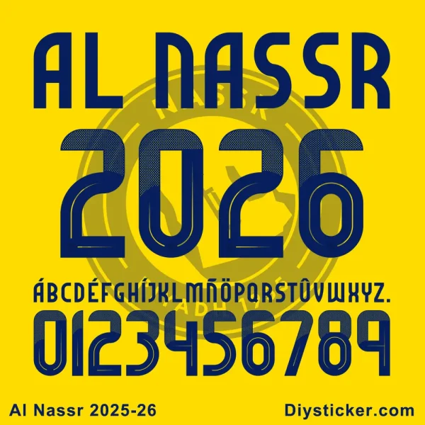 Official Al Nassr 2025-2026 typeface preview showing uppercase letters, numbers, and full team name.