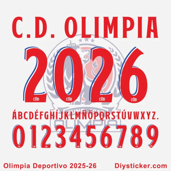 Official Club Olimpia 2025-26 font with C.D. Olimpia branding, full alphabet, and numbers for custom designs