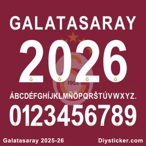 Official Galatasaray 2025-2026 font preview showing club name, founding year 1905, full alphabet, and numbers.