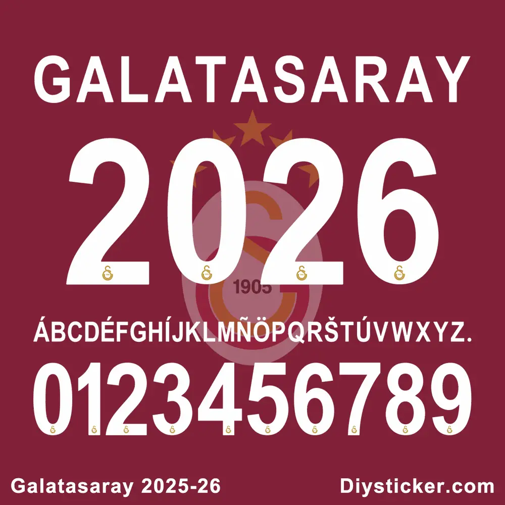 Official Galatasaray 2025-2026 font preview showing club name, founding year 1905, full alphabet, and numbers.