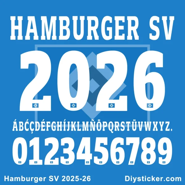 Hamburger SV 2025-26 Font Downloads Official Hamburger SV 2025-2026 typeface preview showing club name, year, full alphabet, and numbers.