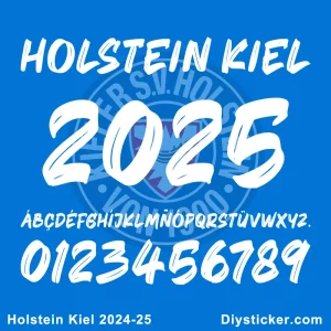 Official Holstein Kiel 2024-2025 typeface preview showing uppercase, lowercase letters, numbers, and full team name.