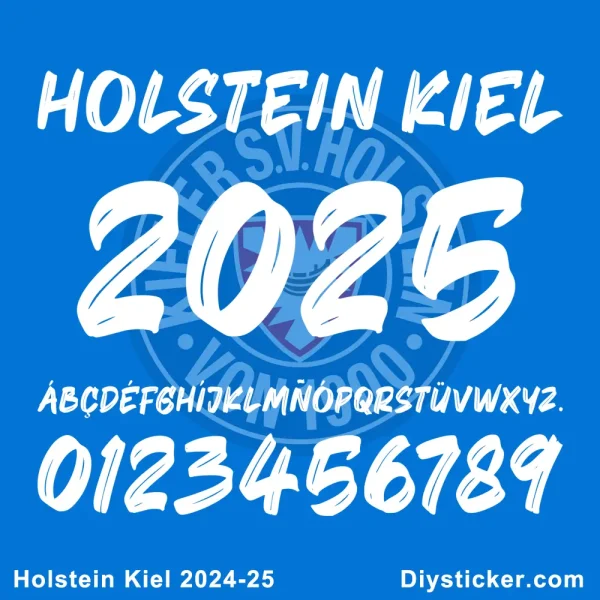 Official Holstein Kiel 2024-2025 typeface preview showing uppercase, lowercase letters, numbers, and full team name.