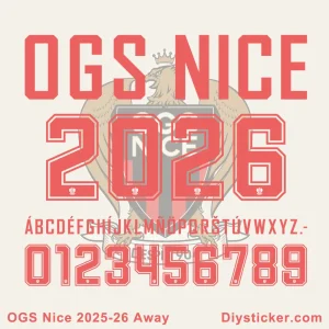 Official OGC Nice 2025-2026 Away and Europa League font preview showing club name, full alphabet, and numbers.