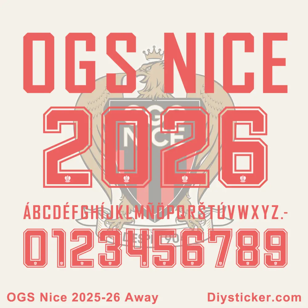 Official OGC Nice 2025-2026 Away and Europa League font preview showing club name, full alphabet, and numbers.
