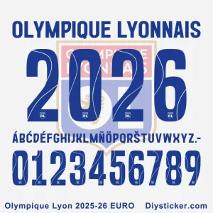 Olympique Lyonnais 2025-26 EURO Font character set preview with full alphabet, numbers, and OL branding.