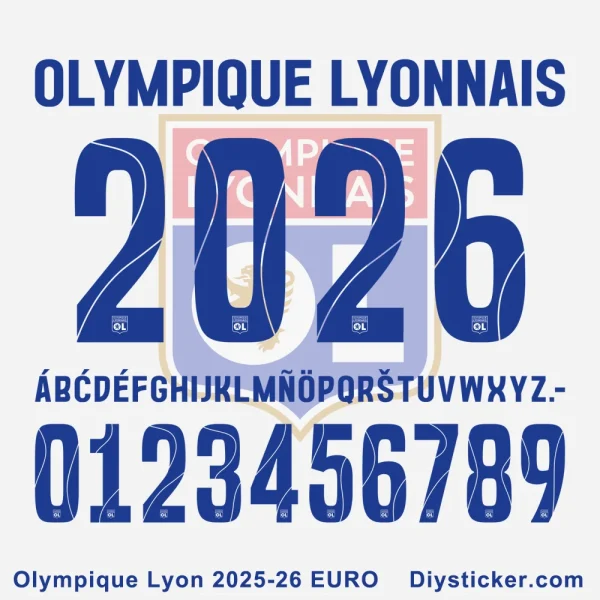 Olympique Lyonnais 2025-26 EURO Font character set preview with full alphabet, numbers, and OL branding.
