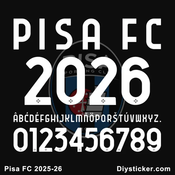Close-up preview of the Pisa FC 2025-26 typography style and design for jersey customization.