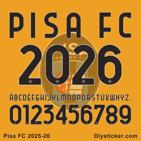 Pisa FC 2025-26 Font preview showing the full character set including uppercase, lowercase letters, and numbers.