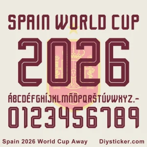Official Spain 2026 World Cup Away jersey font preview showing full alphabet, numbers, and "SPAID WORLD CUP 2026" text.