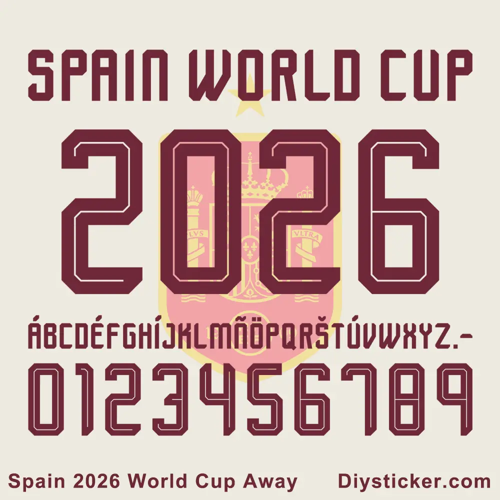 Official Spain 2026 World Cup Away jersey font preview showing full alphabet, numbers, and "SPAID WORLD CUP 2026" text.
