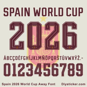 Spain 2026 World Cup Away Font Downloads Official Spain 2026 World Cup Away jersey font preview showing full alphabet, numbers, and "SPAID WORLD CUP 2026" text.