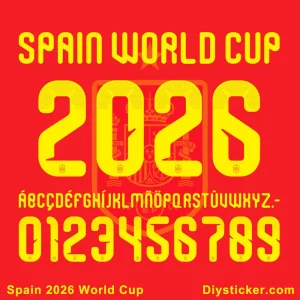 Spain 2026 World Cup exclusive jersey font with numbers, letters, and crest detail.