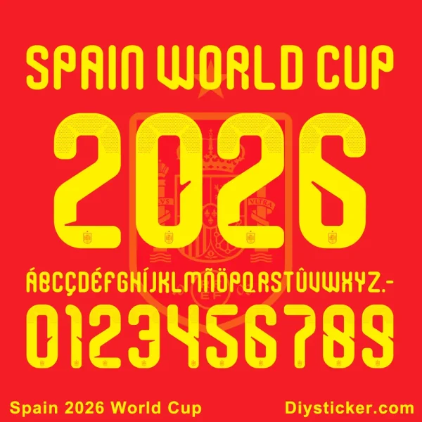 Spain 2026 World Cup exclusive jersey font with numbers, letters, and crest detail.
