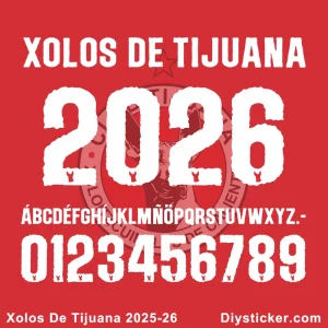 Official Xolos de Tijuana 2025-26 font with full alphabet, numbers, and hyphen for custom jersey designs