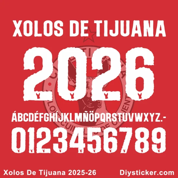 Official Xolos de Tijuana 2025-26 font with full alphabet, numbers, and hyphen for custom jersey designs