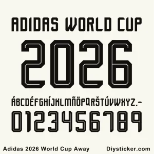 Official adidas 2026 World Cup Away font preview showing brand name, tournament year, full alphabet, and numbers.