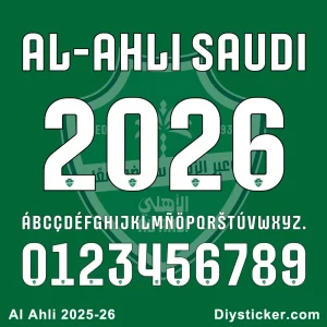 Official Al Ahli Saudi FC 2025-2026 font preview showing club name, full alphabet, and numbers for design projects.