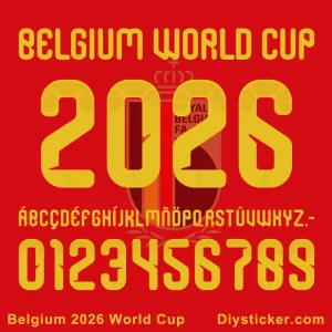 Official Belgium 2026 World Cup font preview showing unique typography with European characters, numbers, and special design elements.