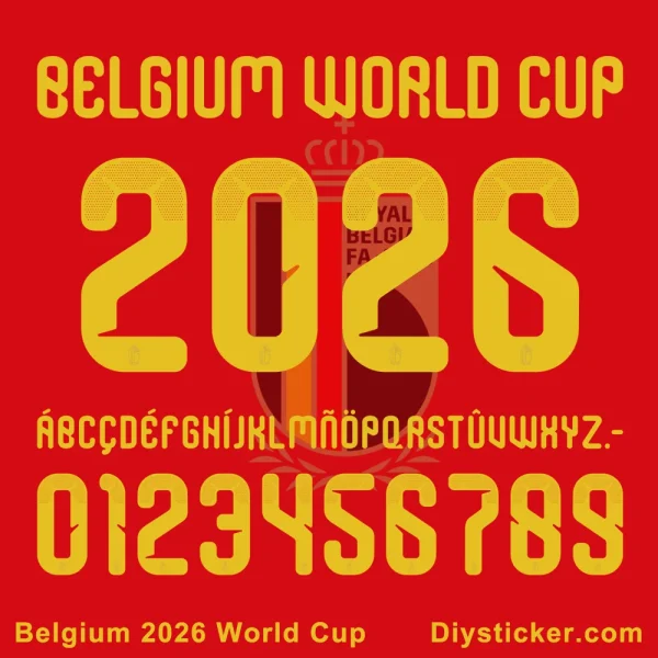 Belgium 2026 World Cup Font Official Belgium 2026 World Cup font preview showing unique typography with European characters, numbers, and special design elements.