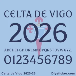 Official Celta de Vigo 2025-2026 font preview showing club name, season year, full alphabet with accented characters, and numbers.