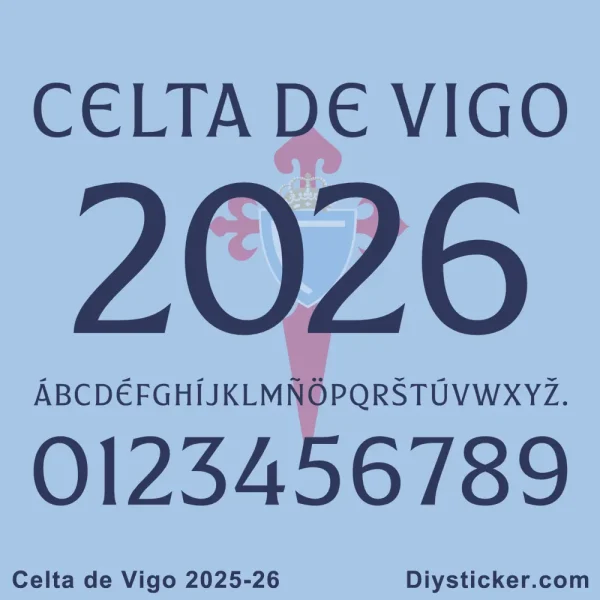 Celta de Vigo 2025-26 Font Official Celta de Vigo 2025-2026 font preview showing club name, season year, full alphabet with accented characters, and numbers.