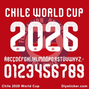 Official Chile 2026 World Cup font preview showing team name, unique design elements, full alphabet, and numbers.