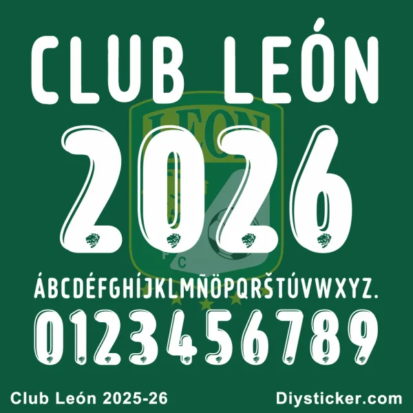Club Leon 2025-26 Font Official Club León 2025-2026 font preview showing club name, season year, full alphabet, and numbers for design projects.