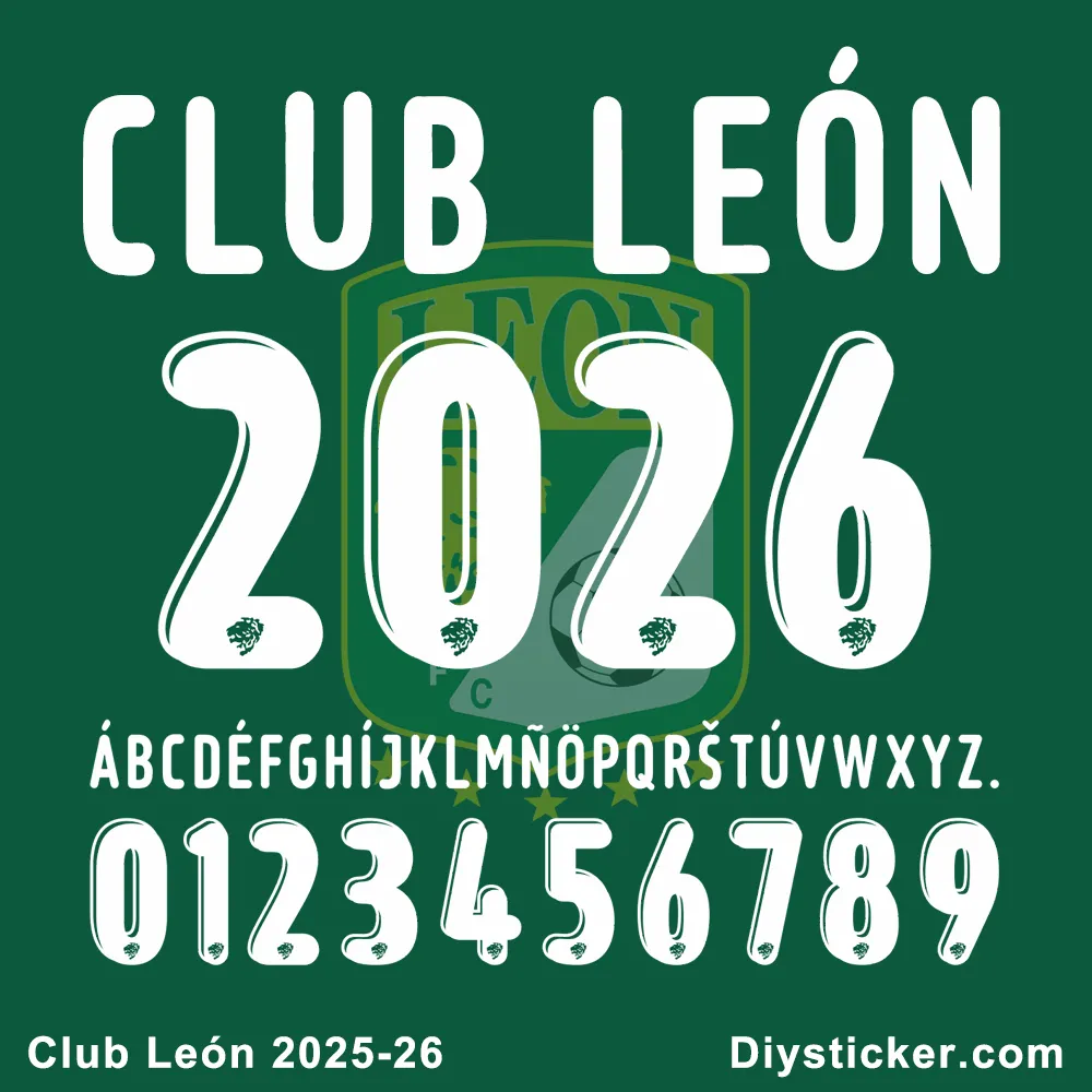 Official Club León 2025-2026 font preview showing club name, season year, full alphabet, and numbers for design projects.