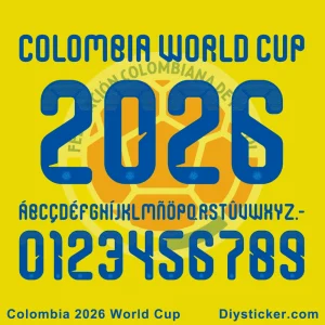 Official Colombia 2026 World Cup font preview showing team name, tournament year, full alphabet, and numbers.