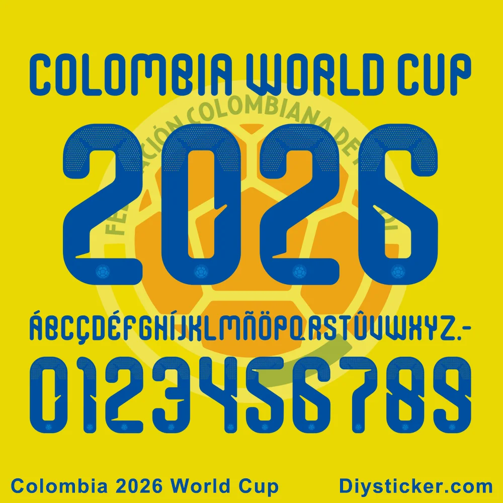Official Colombia 2026 World Cup font preview showing team name, tournament year, full alphabet, and numbers.