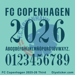 Official FC Copenhagen 2025-2026 Third kit font preview showing club name, stylized year, full alphabet and numbers.