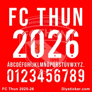 Official FC Thun 2025-2026 font preview showing club name, founding year 1898, location, full alphabet and numbers.