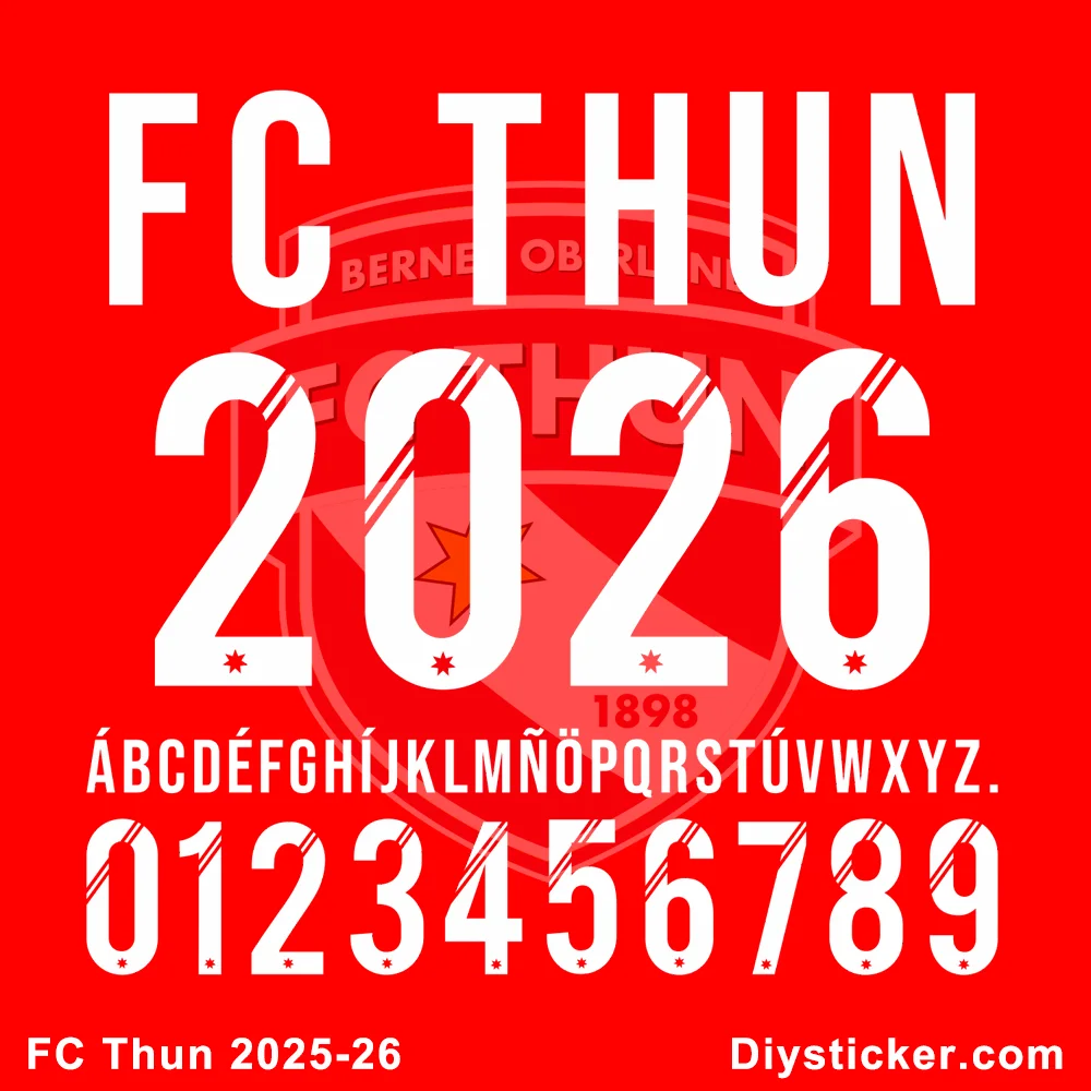 Official FC Thun 2025-2026 font preview showing club name, founding year 1898, location, full alphabet and numbers.