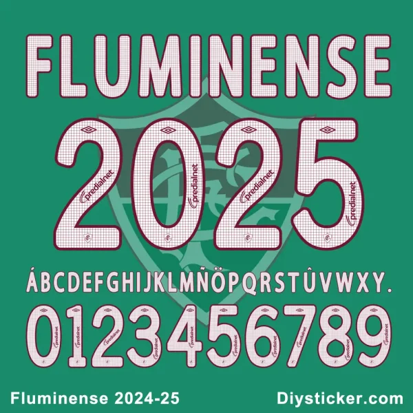 Fluminense 2024-25 font Official Fluminense 2024-2025 font preview showing club name, full alphabet, and numbers for design projects.