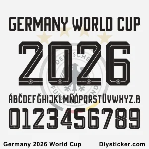 Official Germany 2026 World Cup font preview showing team name, special characters, full alphabet, and numbers.