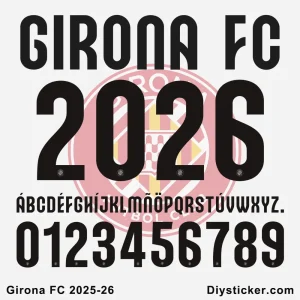 Official Girona FC 2025-2026 font preview showing club branding, full alphabet, and numbers for design projects.
